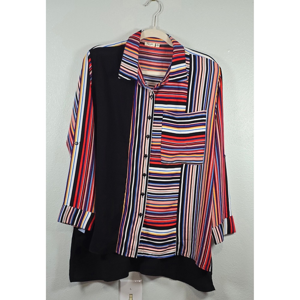 Symple NYC Striped Colorblock Button Down Shirt XL Black Multi Color Tab Sleeve